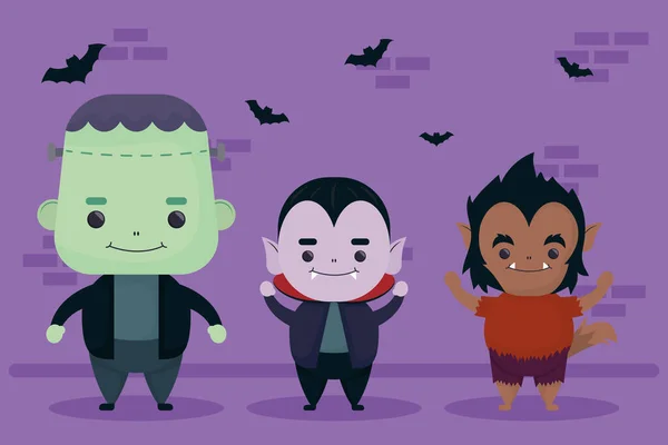 Gelukkig halloween wolfman en dracula met frankenstein personages — Stockvector