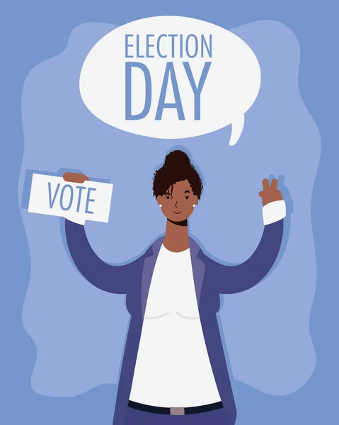 Election day lettering in speech bubble with young afro woman lifting voting card — Stock Vector