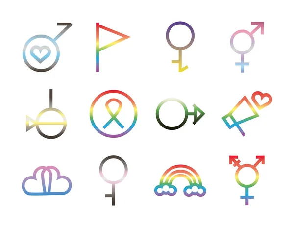 Manojo de doce símbolos de género de la orientación sexual iconos de estilo degradante — Vector de stock