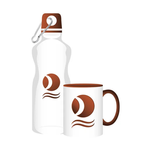 Bottiglia palestra e mug branding icone isolate — Vettoriale Stock