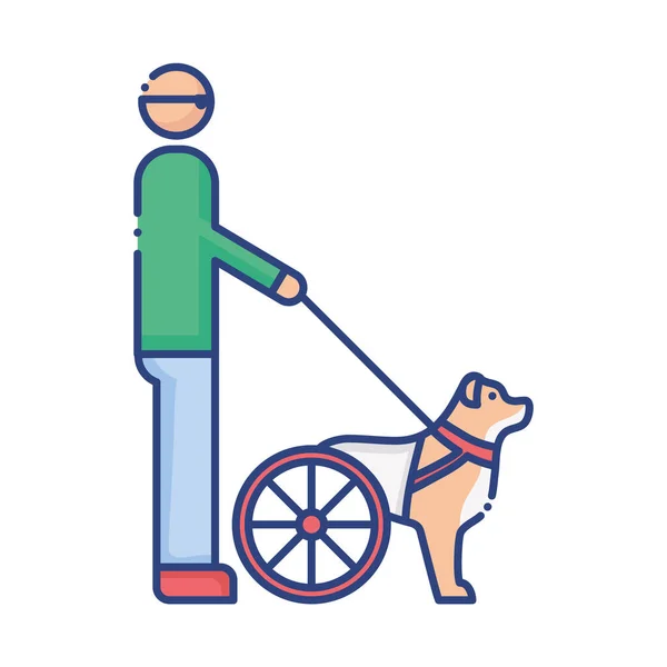 Dog disabled with wheels leading the man blind flat style icon — Stock Vector