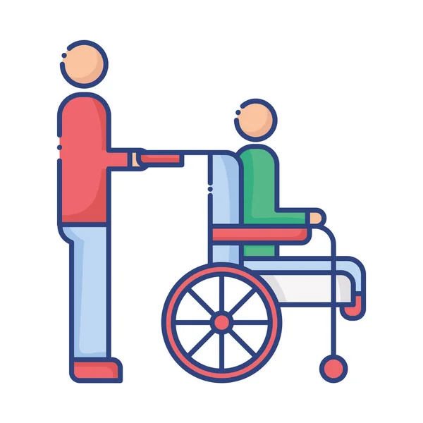Aide avec l'homme en fauteuil roulant icône de style plat handicapés — Image vectorielle