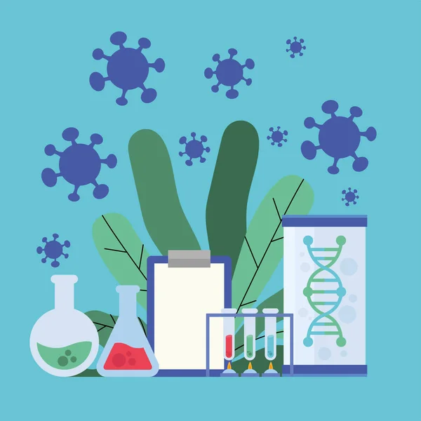 Covid 19 pesquisa de vacinas contra vírus com frascos químicos dna e folhas desenho vetorial — Vetor de Stock