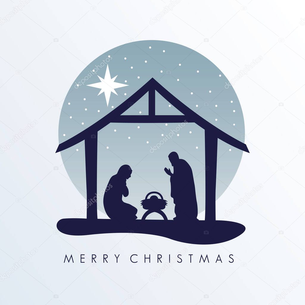 happy merry christmas lettering with manger scene with holy family in stable silhouette