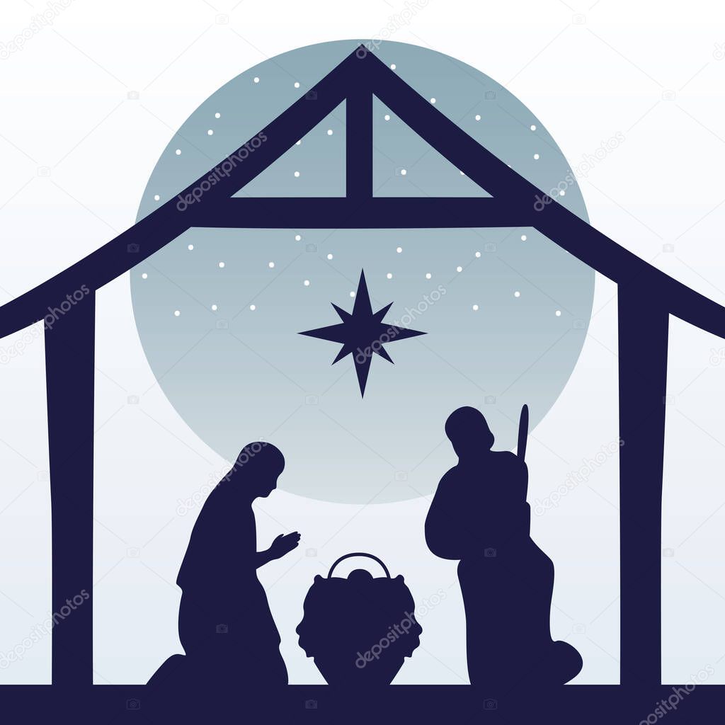 happy merry christmas manger scene with holy family in stable silhouette