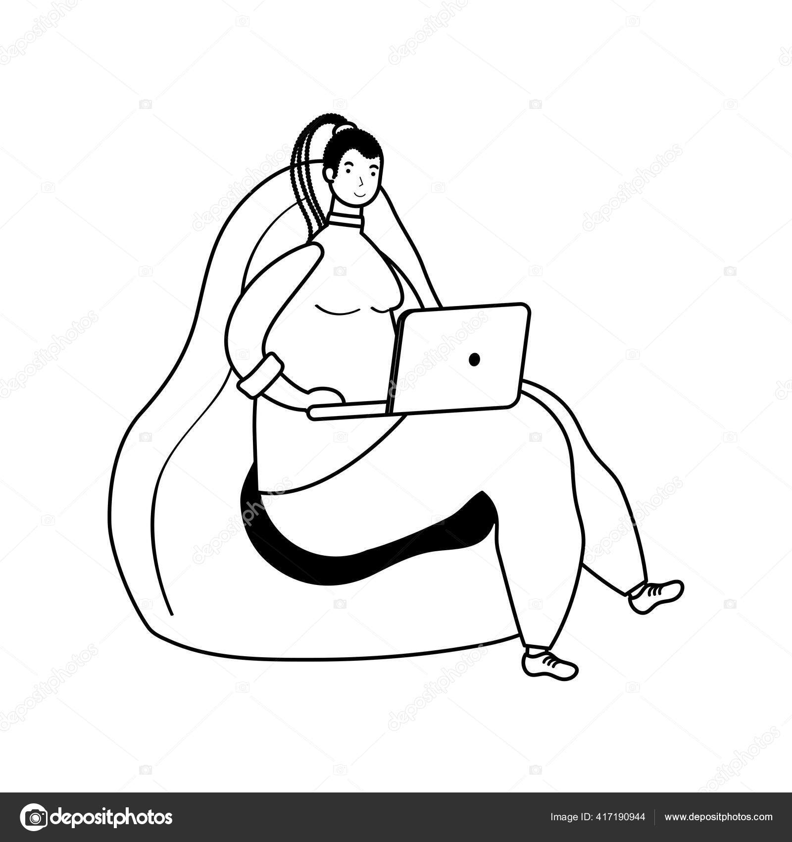 Afro ethnic woman with rasta hairstyle working in laptop seated in sofa ...