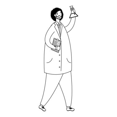 Kadın doktor tüp test tüpü laboratuarında maske takıyor.