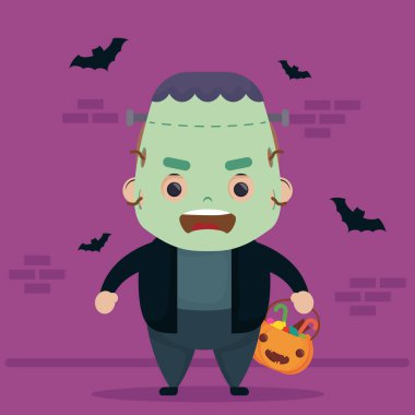 Cadılar Bayramınız kutlu olsun tatlı Frankenstein karakteri ve uçan yarasalar