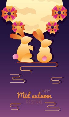 Mutlu sonbahar festivali posterleri dolunayda tavşanlarla