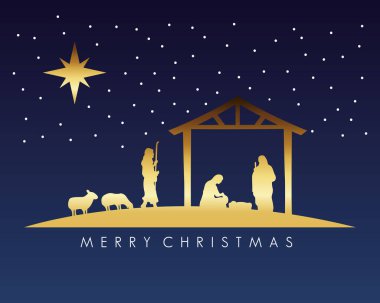Ahırda ve hayvanlarda altın kutsal aile ile mutlu noel ahır sahneleri