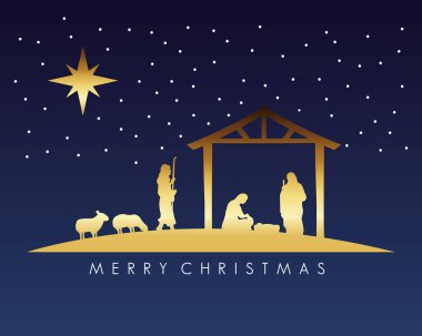 happy merry christmas manger scene with golden holy family in stable and animals clipart