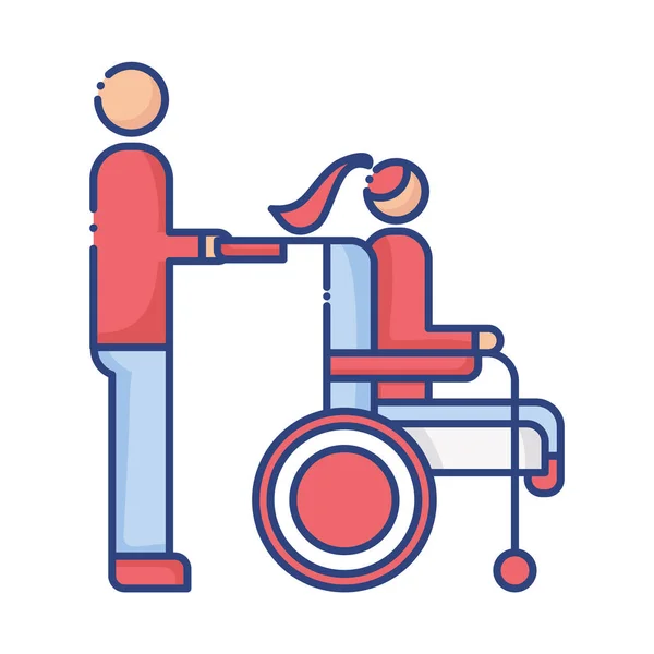 Helper with woman in wheelchair disabled flat style icon — Stock Vector