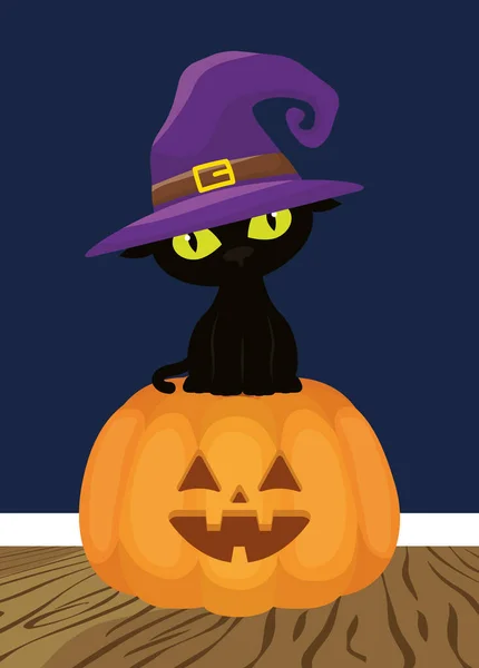 Halloween visage de citrouille avec chat noir portant un chapeau de sorcière — Image vectorielle
