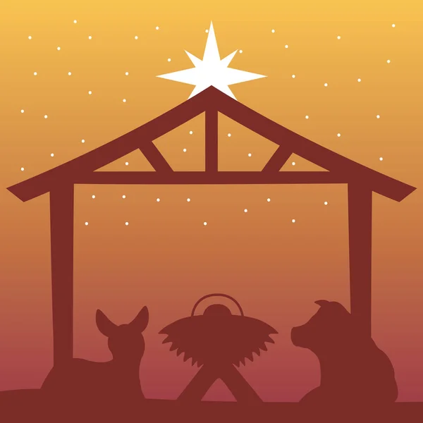 Счастливой рождественской сцены с яслями и животными в стабильном силуэте — стоковый вектор