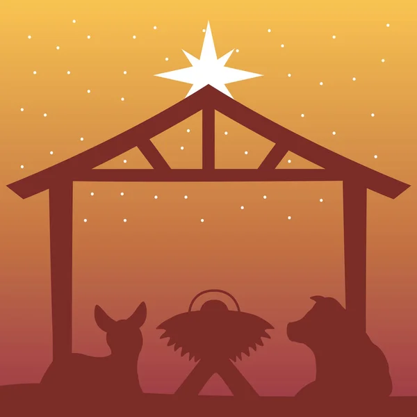 Joyeuse scène de crèche de Noël avec bébé et animaux en silhouette stable — Image vectorielle