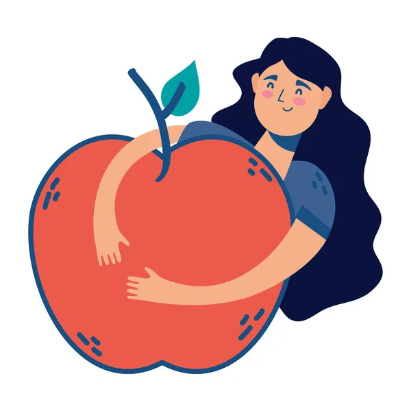 Vrouw knuffelen appel vers fruit gezond pictogram — Stockvector
