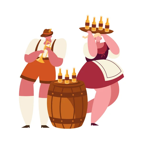 Oktoberfest hombre y mujer dibujos animados con botellas de cerveza diseño de vectores — Vector de stock