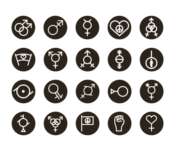 Bundel van twintig geslacht symbolen van seksuele geaardheid blok stijl in roze achtergrond — Stockvector