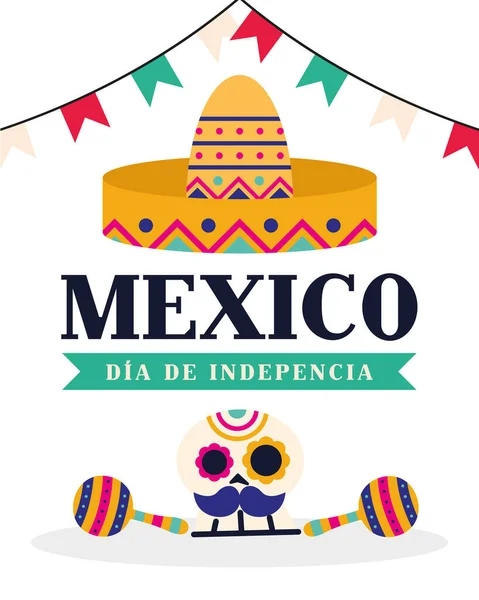 Mexico dia de la independencia hat and skull vector design — Stock Vector