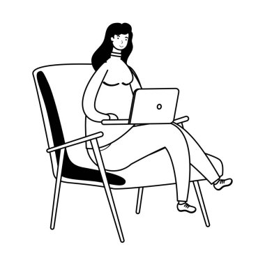 Dizüstü bilgisayarda çalışan genç bir kadın kanepe karakter çizgisi tarzında oturuyor.