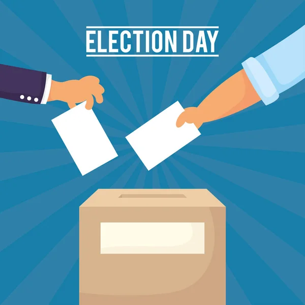 Election day lettering with hands insert voting cards in box — Stock Vector
