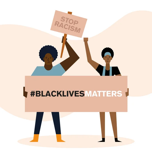 흑인 생활 문제 인종 차별을 막는 여성과 남성 벡터 디자인 — 스톡 벡터