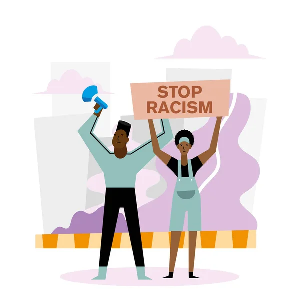 Zatrzymać rasizm czarny życie znaczenie sztandar megafon kobieta i mężczyzna wektor projekt — Wektor stockowy