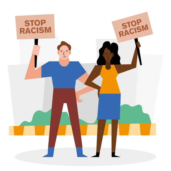 Zastavit rasismus černé životy hmota transparenty žena a muž vektorový design — Stockový vektor