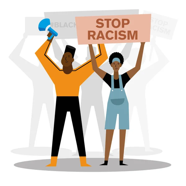 Detener el racismo negro vidas materia bandera megáfono mujer y hombre vector diseño — Vector de stock