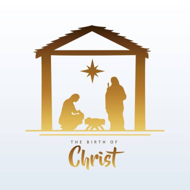 Mutlu noel ahırı sahneleri. Altın kutsal aile ile ahır siluetinde