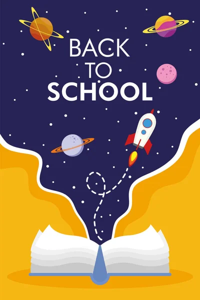 텍스트 북과 우주 아이콘이 있는 학교 시즌 포스터로 돌아가서 — 스톡 벡터