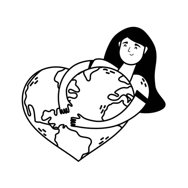 Vrouw knuffelen wereld planeet aarde met hartvormige vorm — Stockvector