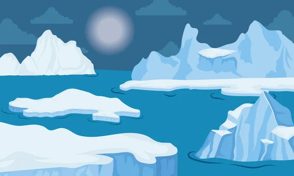북극의 밤 풍경을 막는 빙산 — 스톡 벡터