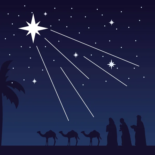 Heureux joyeux Noël crèche scène avec des rois gagiques et chameaux — Image vectorielle