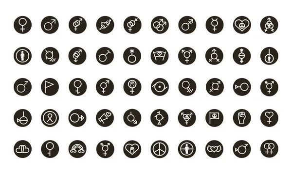 Pacote de cinquenta símbolos de gênero de ícones de estilo bloco de orientação sexual — Vetor de Stock