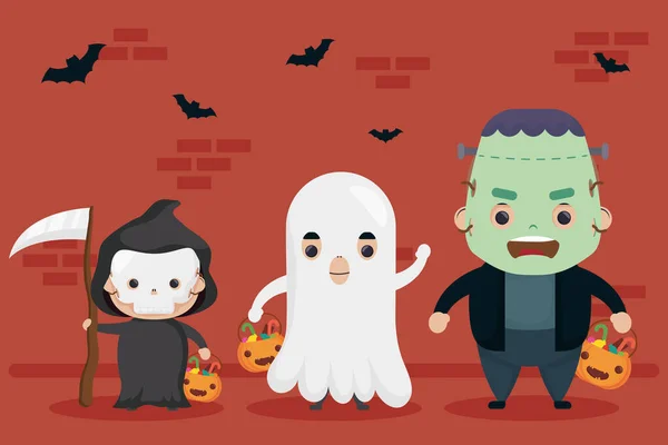 Feliz Halloween Frankenstein y la muerte con personajes fantasmas — Archivo Imágenes Vectoriales