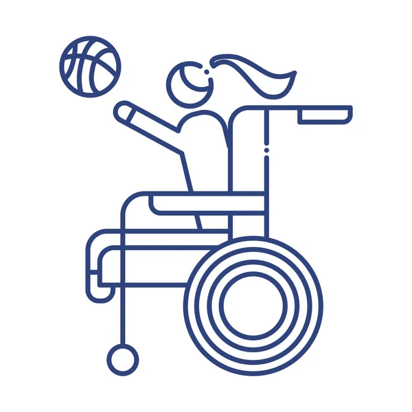 Mujer jugando baloncesto en silla de ruedas icono de estilo de línea con discapacidad — Archivo Imágenes Vectoriales