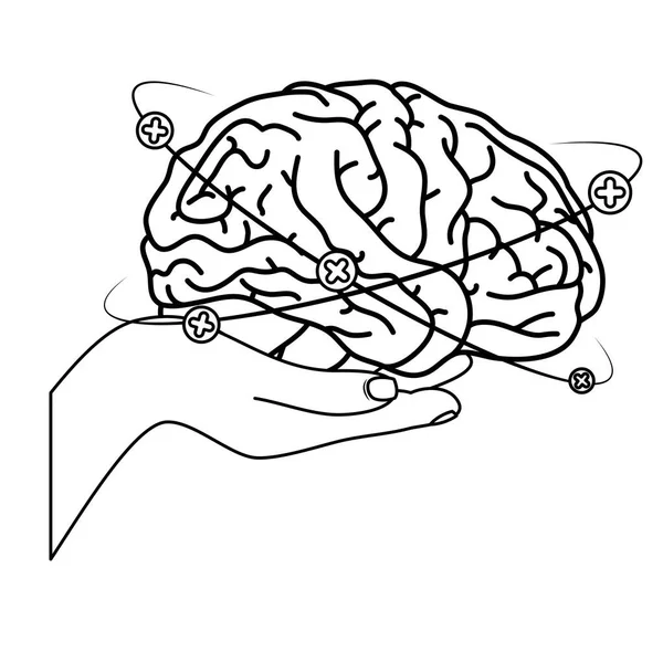 Main levant cerveau humain avec des symboles plus autour des soins de santé mentale — Image vectorielle