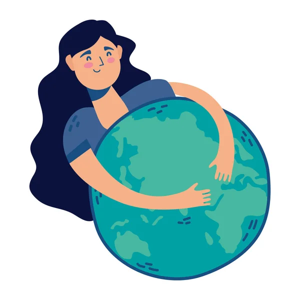 Jovem mulher abraçando mundo planeta terra —  Vetores de Stock