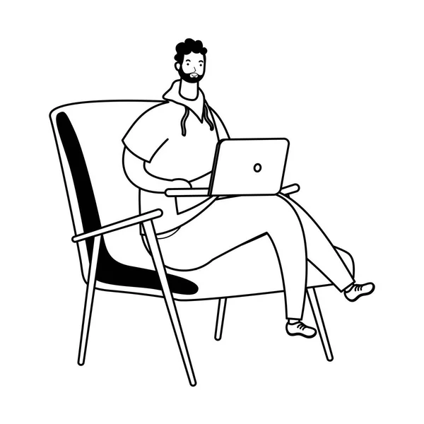 Ung man som arbetar i laptop sittande i soffan — Stock vektor