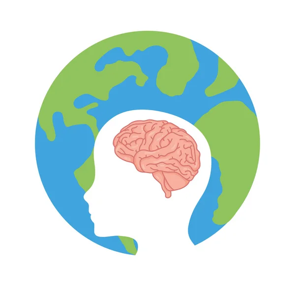 Profilo con cervello umano e mondo pianeta icona della salute mentale — Vettoriale Stock
