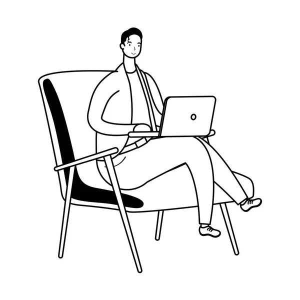 Νεαρός άνδρας που εργάζεται σε φορητό υπολογιστή κάθεται σε καναπέ — Διανυσματικό Αρχείο