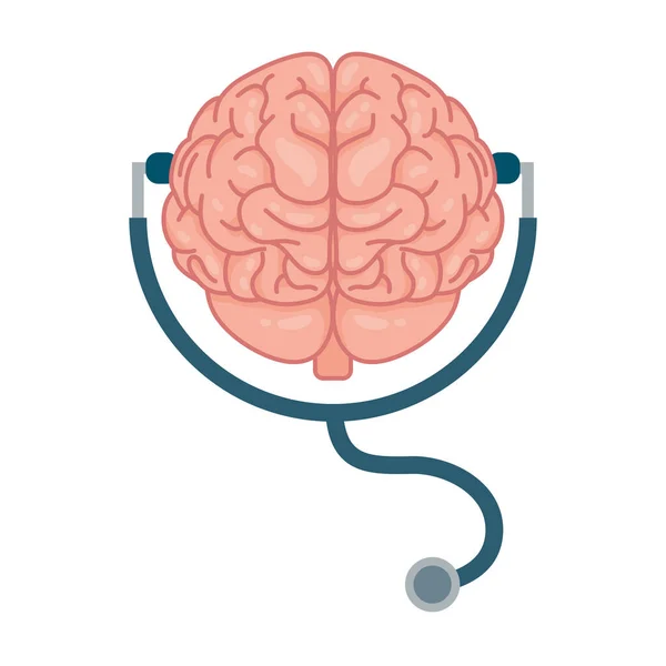 Cerebro humano con estetoscopio salud mental icono de la atención — Vector de stock