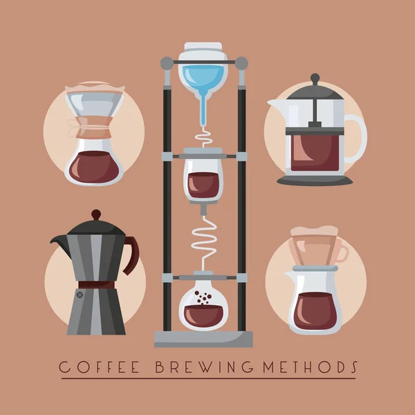 Coffee brewing methods poster with set makers utensils — Stock Vector