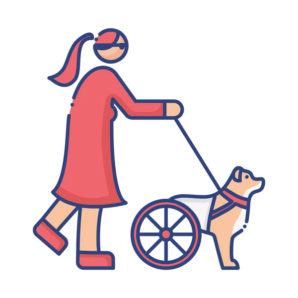 Собака инвалид с колесами ведущих женщина слепой плоский стиль значок — стоковый вектор