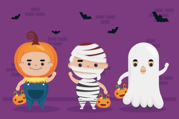 Feliz calabaza de halloween y fantasma con personajes de momia — Archivo Imágenes Vectoriales