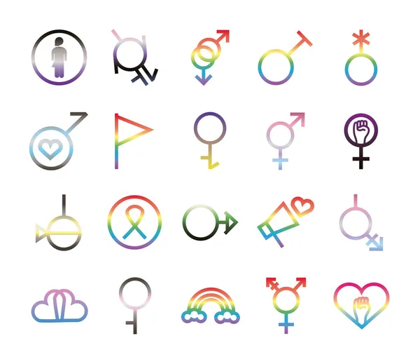 Paquete de veinte símbolos de género de la orientación sexual iconos de estilo degradante — Vector de stock