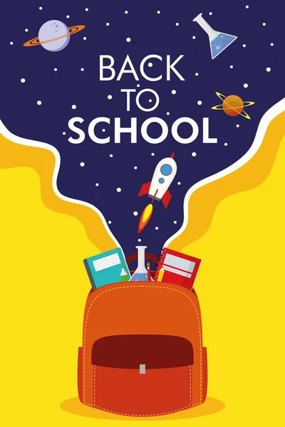Back to school season poster with schoolbag and space icons — Stock Vector