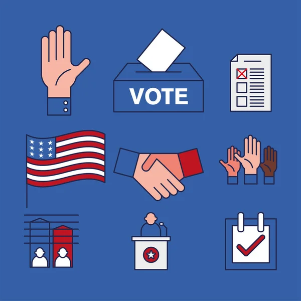 EUA eleições e linha de voto e estilo de preenchimento conjunto de símbolos design vetorial —  Vetores de Stock