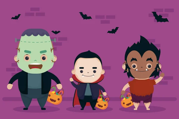 Feliz halloween dracula y wolfman con frankenstein caracteres — Archivo Imágenes Vectoriales